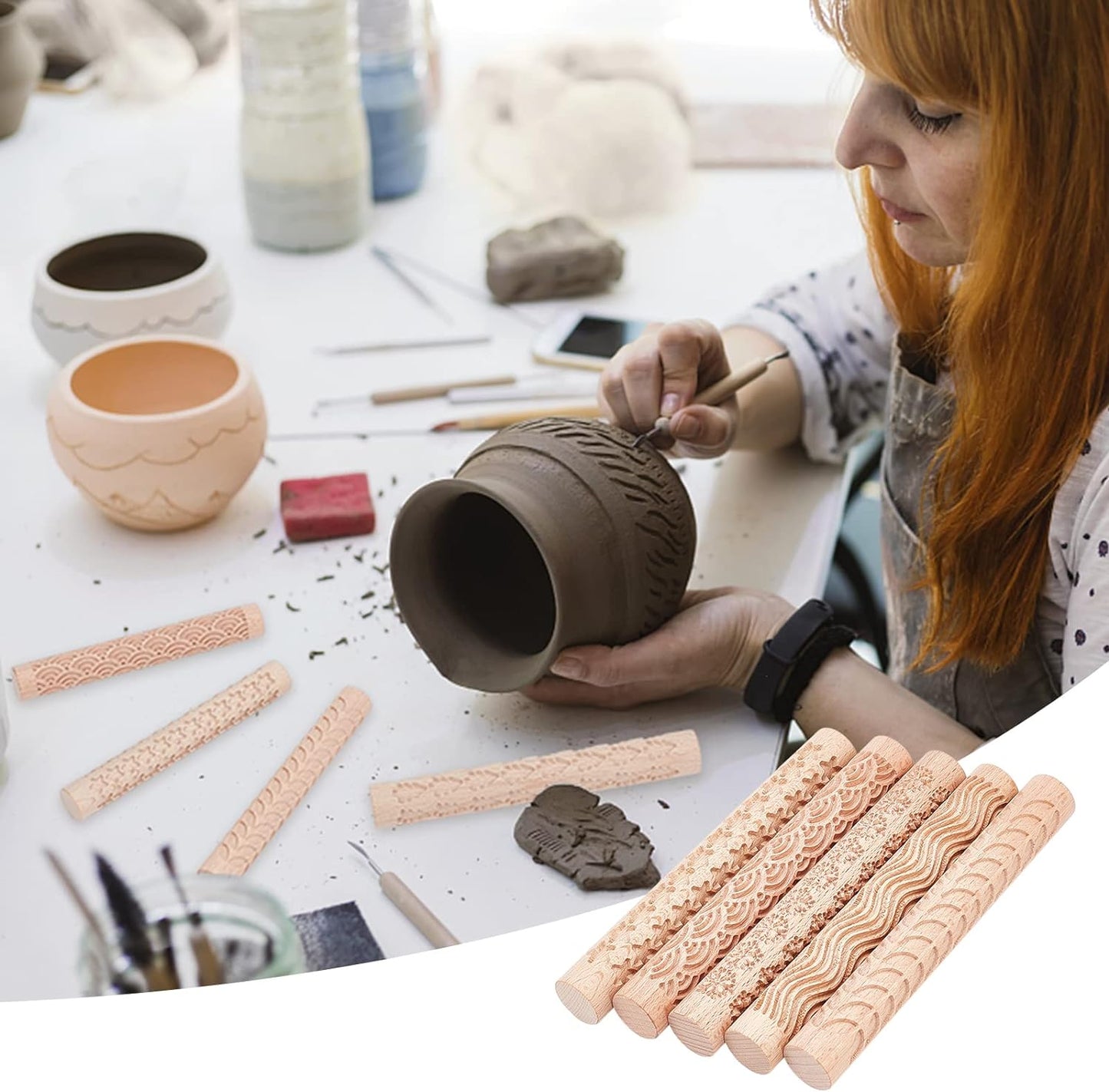 Wooden Texture Rolling Pin Ceramic Pottery Art Embossed Rod Flower Pattern Mud Roll Roll Reliefs DIY Clay Craft Tool