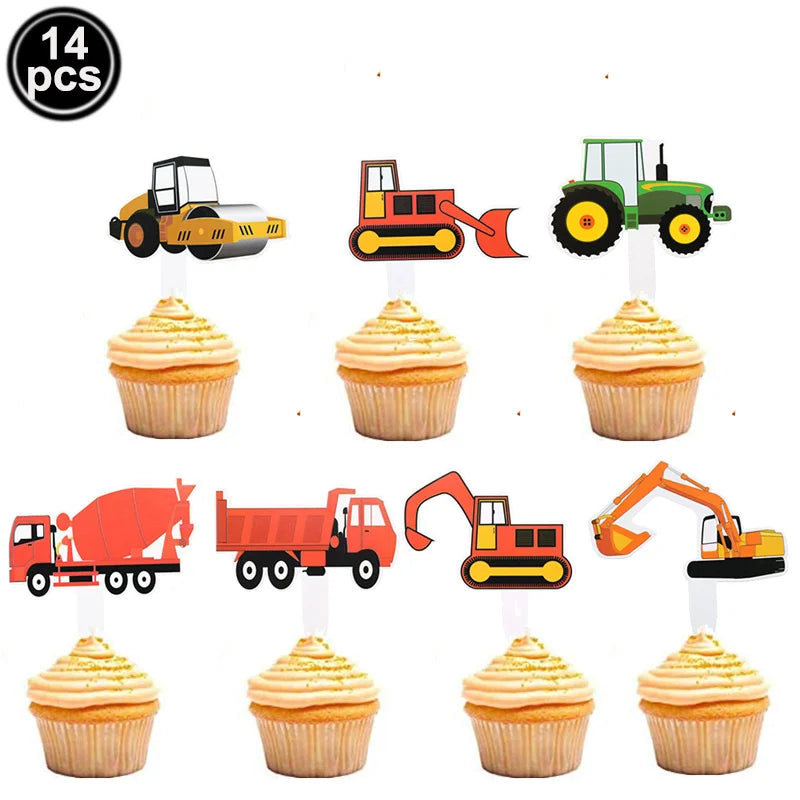 Construction Bulldozer Series Disposable Tableware set Paper Cups Plates excavator Truck Balloon Boy's Birthday Party Decoration