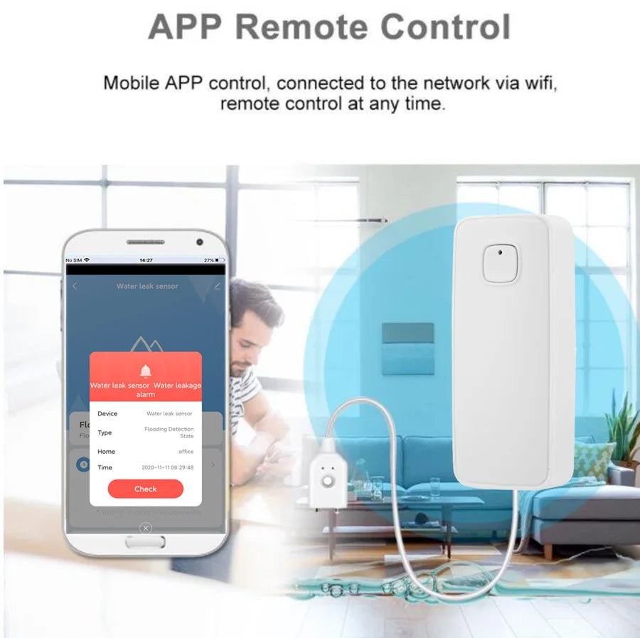 WiFi Water Sensor Adjustable Alerts & App Alerts, IP67 Waterproof, Wireless Detector for Home, Office