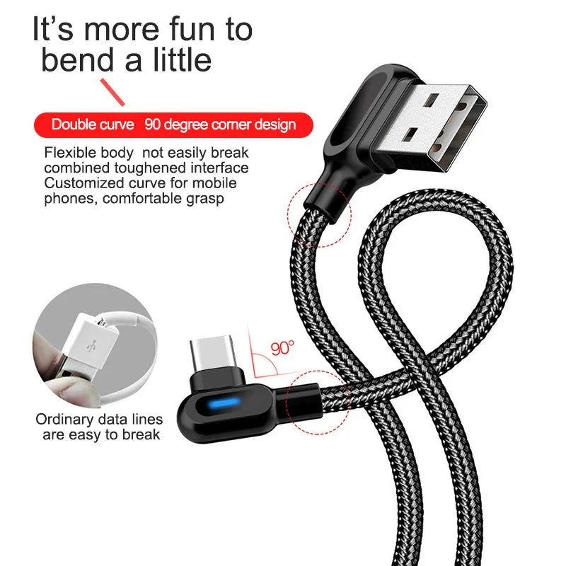 Double Elbow Type-C Micro USB Cables Fast Charge For Samsung Huawei Quick cable for allMobile Phone Fast Charger