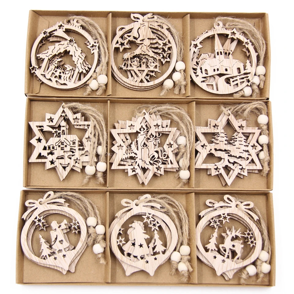 Wooden Christmas Vintage Snowflakes Ornaments Rustic Xmas Tree Decorations Holiday Gift Crafts