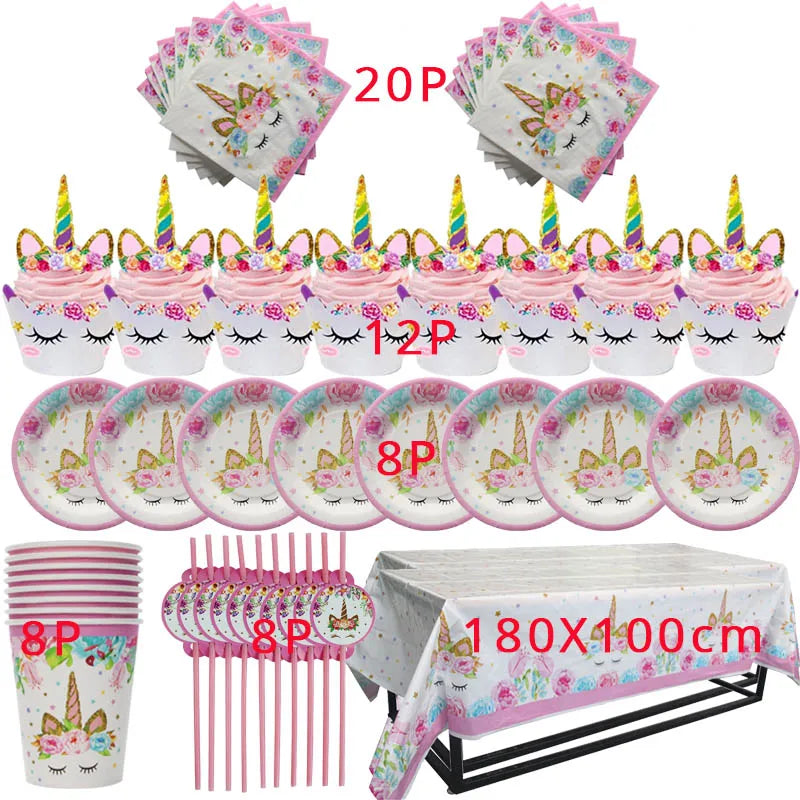 Unicorn Birthday Decorations With Napkins, Cups, Balloons, Table Cloth, Cake Topper for Birthday, Anniversary Supplies