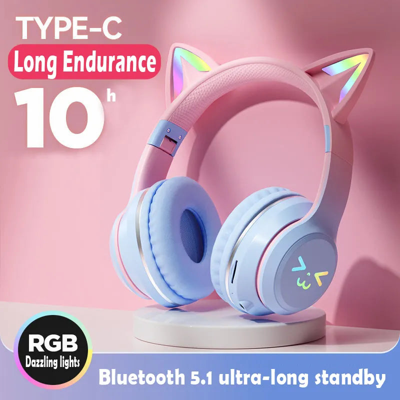 Cat's Ears Headset RGB Light Smile Face TWS Headset Gradient Headphone Little Girl Earphone Gift Suitable for Any Phone