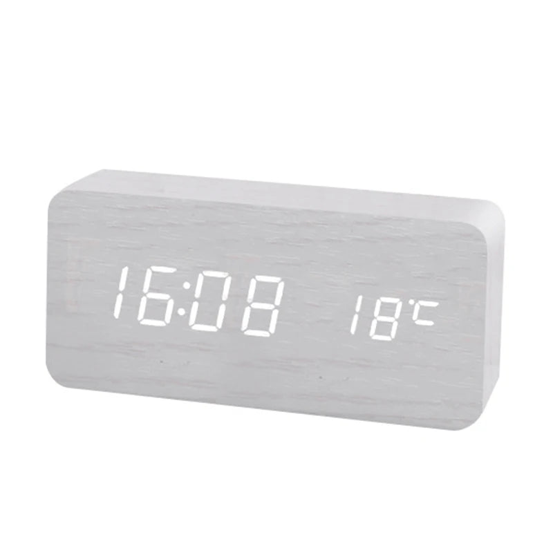 Wooden Digital Alarm Clock Multi-Function LED Clock with USB Power Supply Voice Control, Timer for Bedroom, Desk