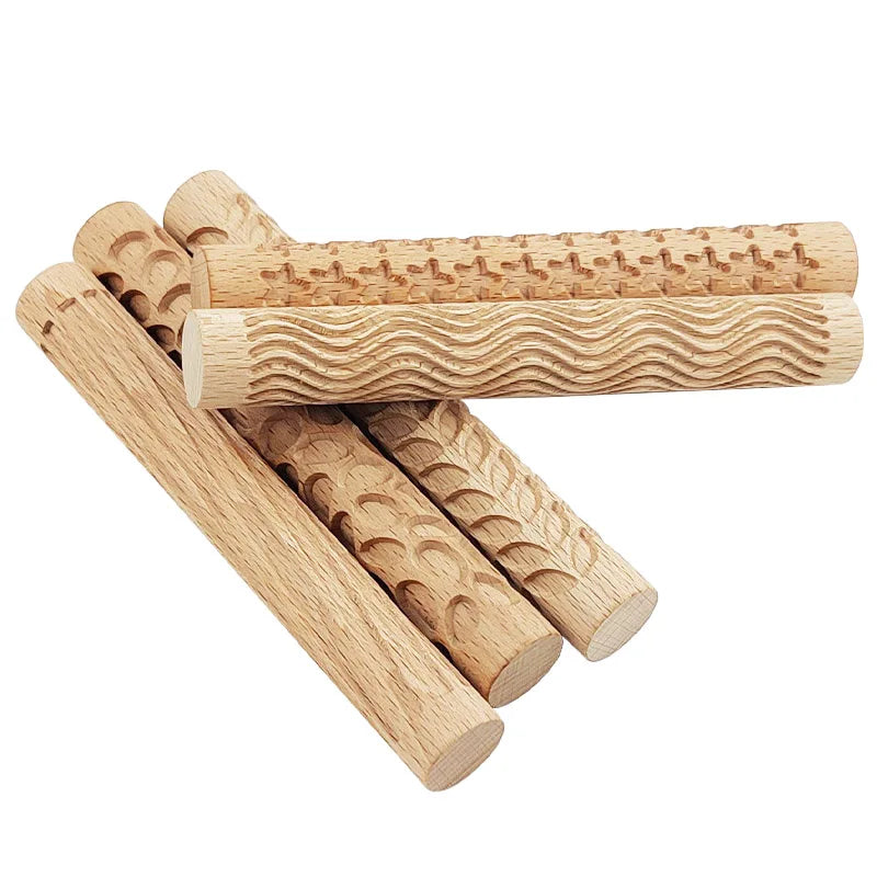 Wooden Texture Rolling Pin Ceramic Pottery Art Embossed Rod Flower Pattern Mud Roll Roll Reliefs DIY Clay Craft Tool