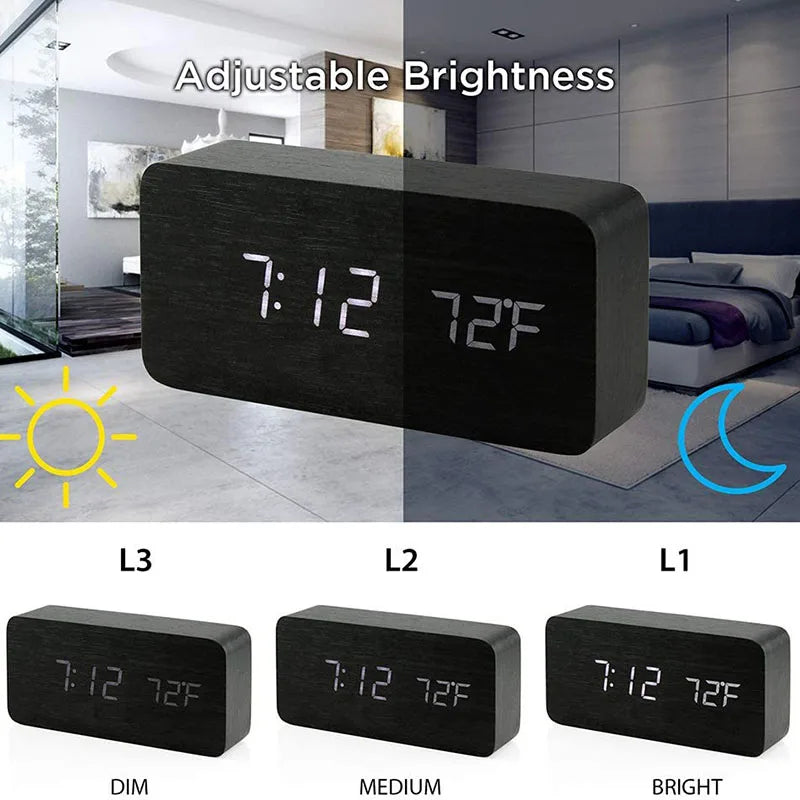 Wooden Digital Alarm Clock Multi-Function LED Clock with USB Power Supply Voice Control, Timer for Bedroom, Desk