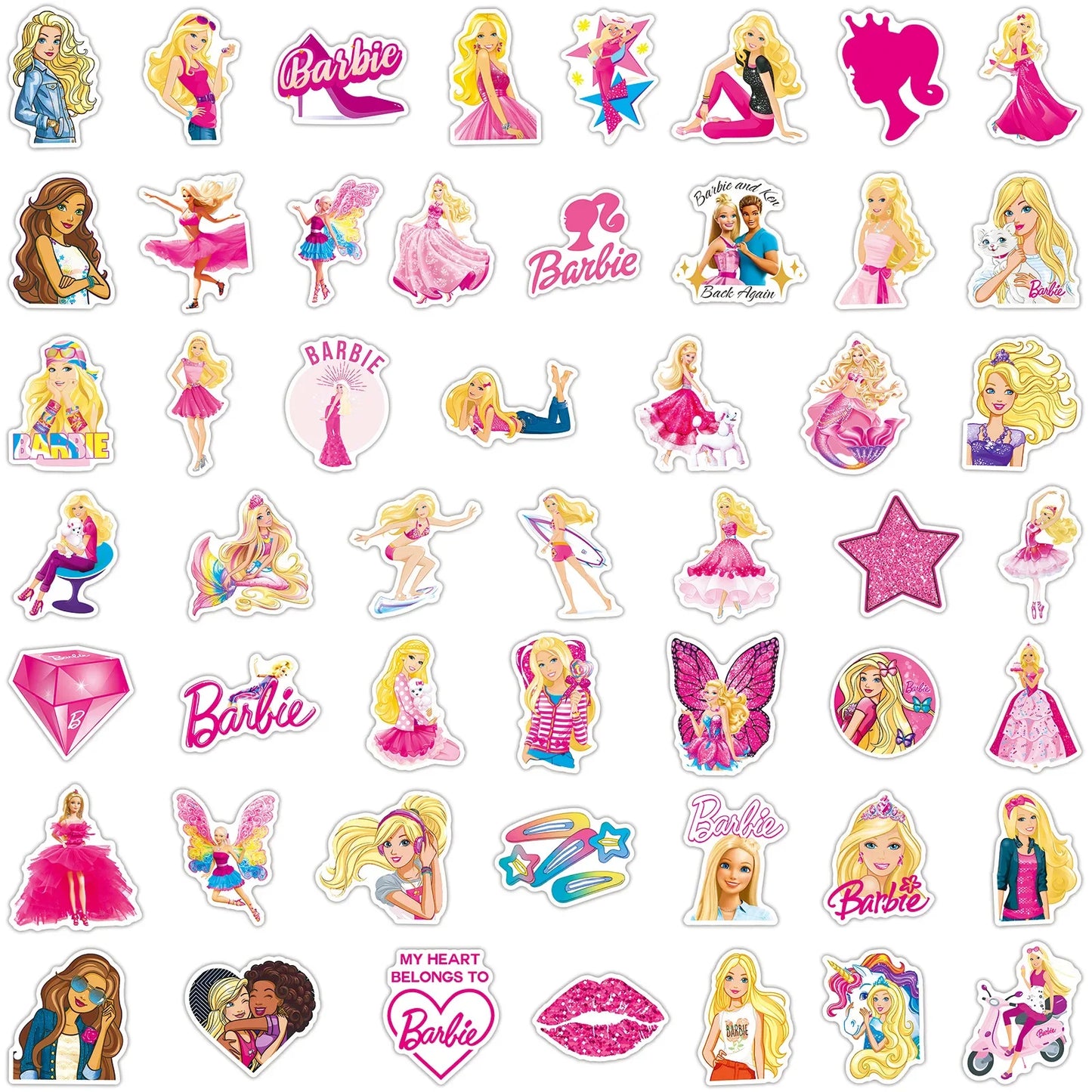 50Pcs Anime Barbie Princess Stickers Waterproof Cartoon Stickers for Water Bottles Laptop Skateboards