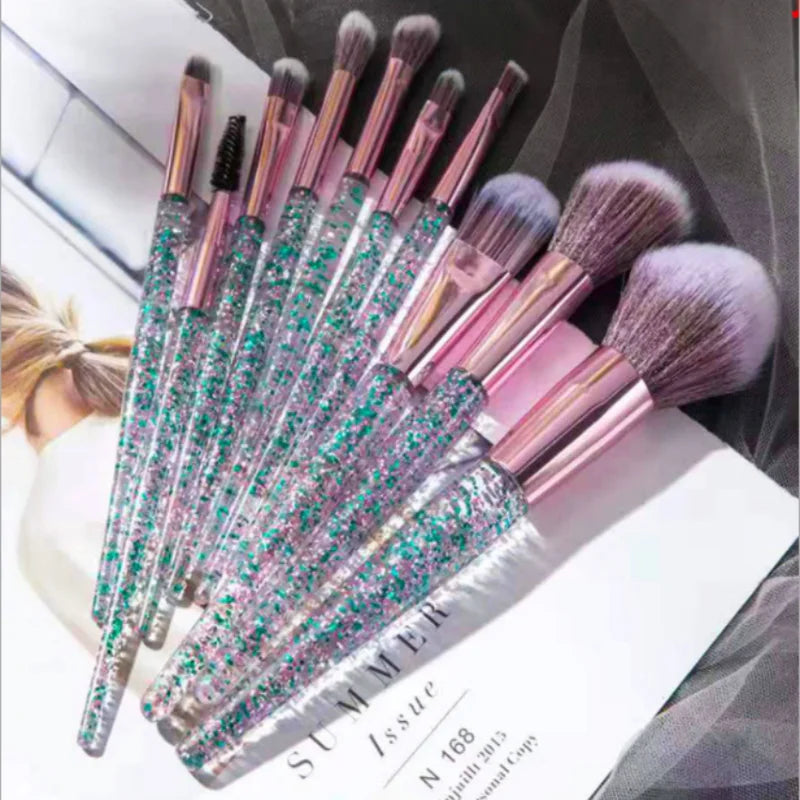 10PCS Glitter Crystal Sparkle Makeup Brush Cosmetic Brushes Kit for Foundation Concealer Eye Shadow Eyeliner