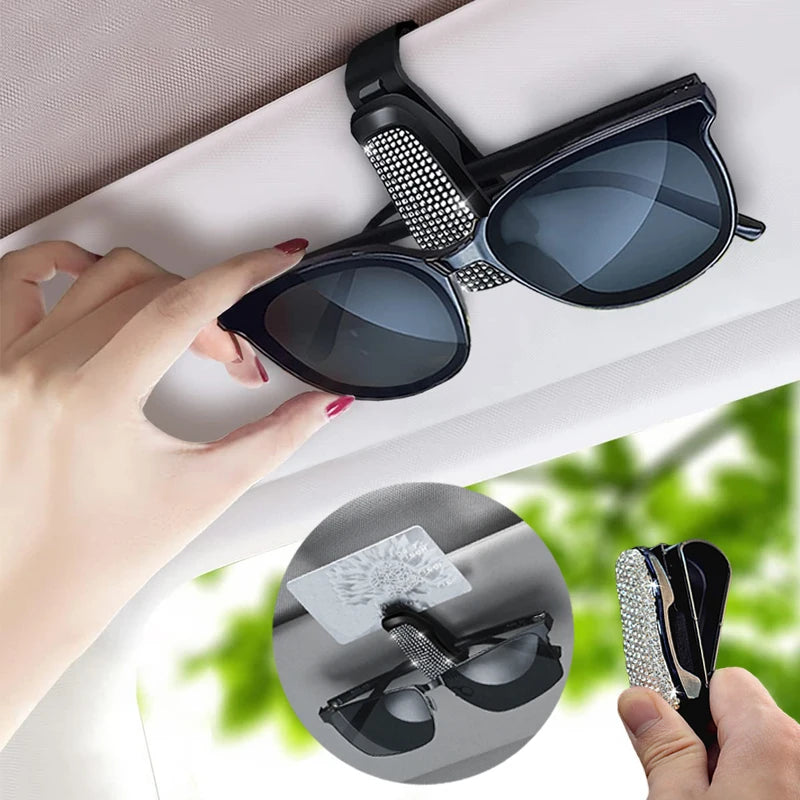 Rhinestones Sunglasses Holder Clip Hanger Eyeglasses Mount Universal Vehicle Visor Accessories for Women Men