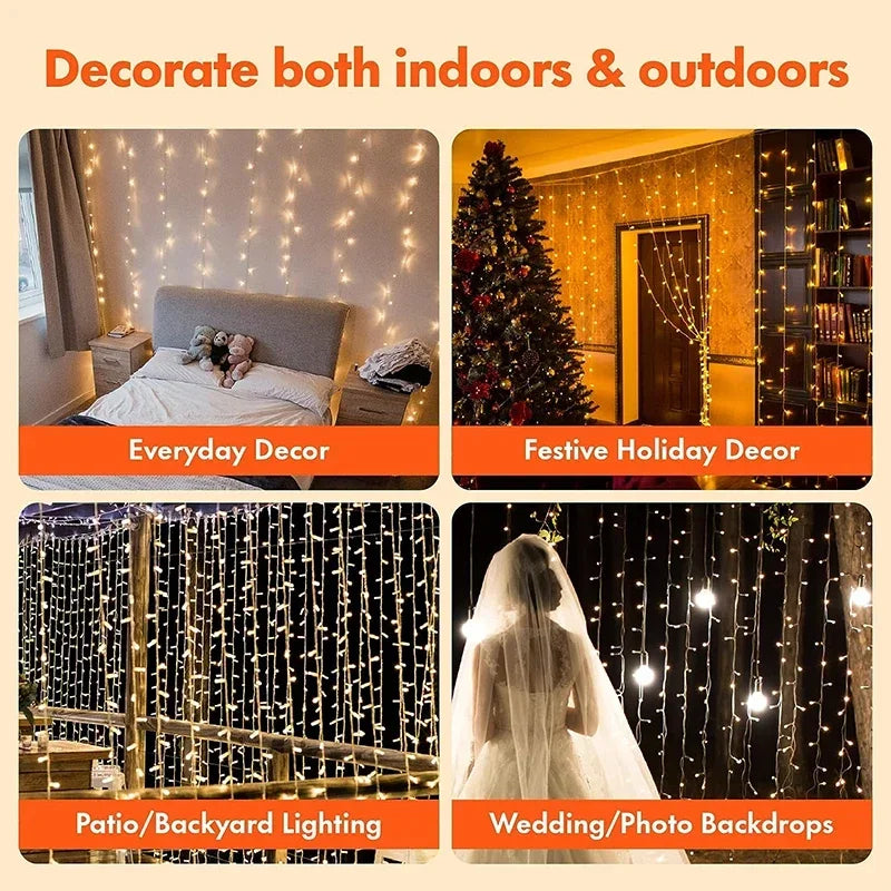 Christmas Fairy Curtain Lights Waterproof String Lights for Bedroom Backdrop Window Indoor Outdoor