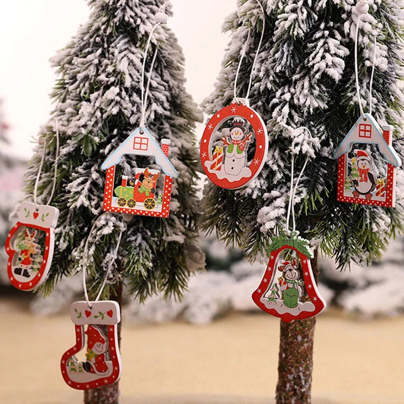 Christmas Wooden Hanging Ornaments  for Christmas Tree Vintage Santa Snowman Crafts