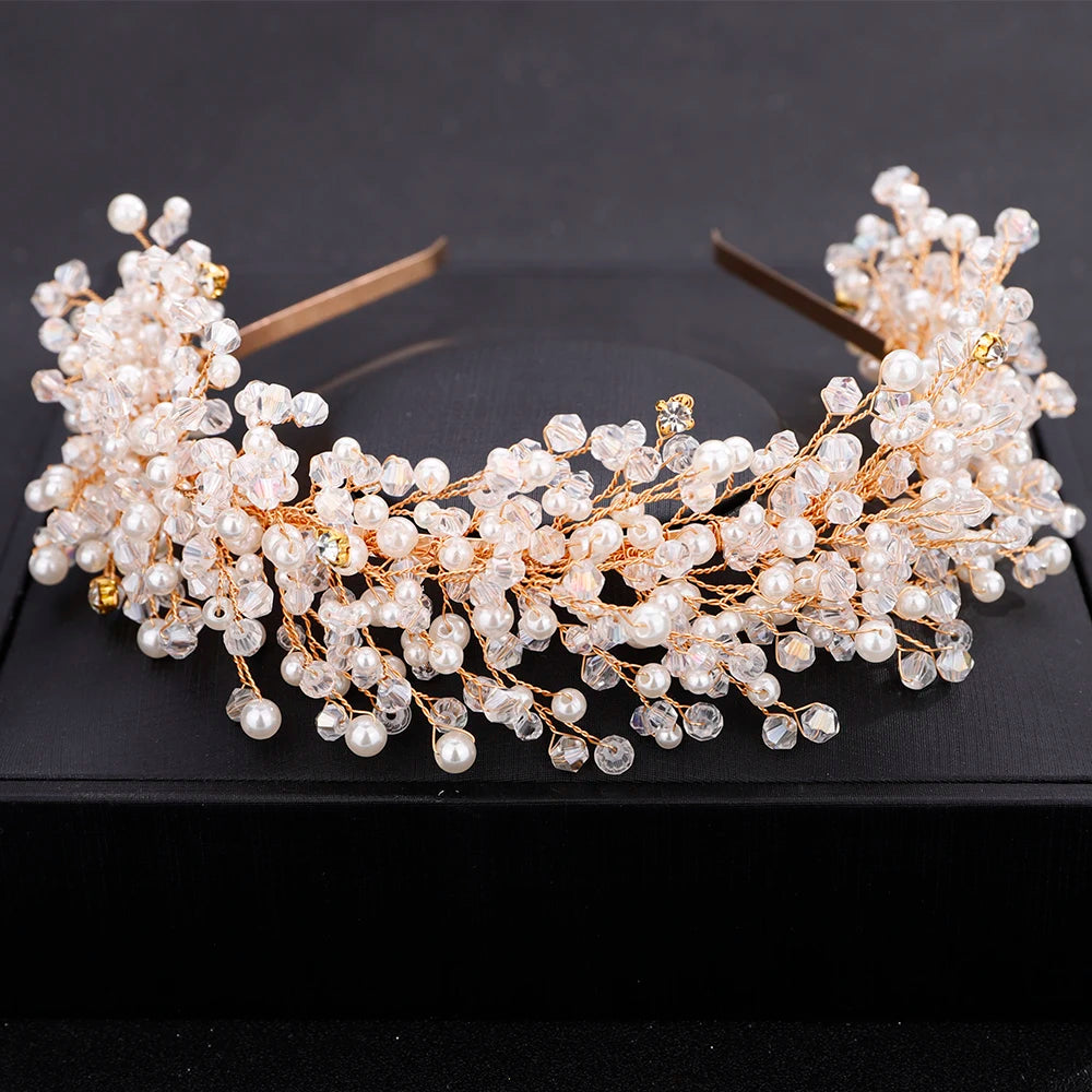 Rhinestone Tiara Headband Pearl Wedding Crown Crystal Leaf Hair Accessories