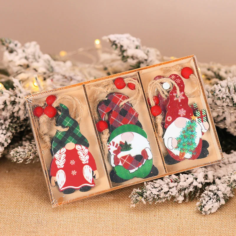 Christmas Wooden Hanging Ornaments  for Christmas Tree Vintage Santa Snowman Crafts