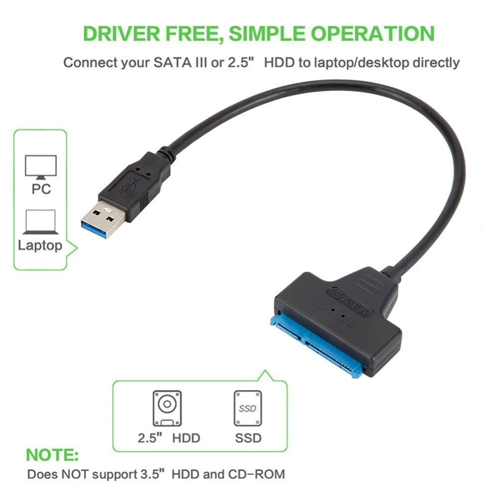 USB 3.0 to 2.5" SATA III SSD HDD Hard Drive Adapter SATA to USB 3.0 Converter Hard Drive 22 Pin Sata III Cable