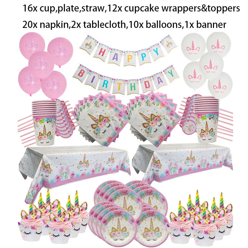 Unicorn Birthday Decorations With Napkins, Cups, Balloons, Table Cloth, Cake Topper for Birthday, Anniversary Supplies