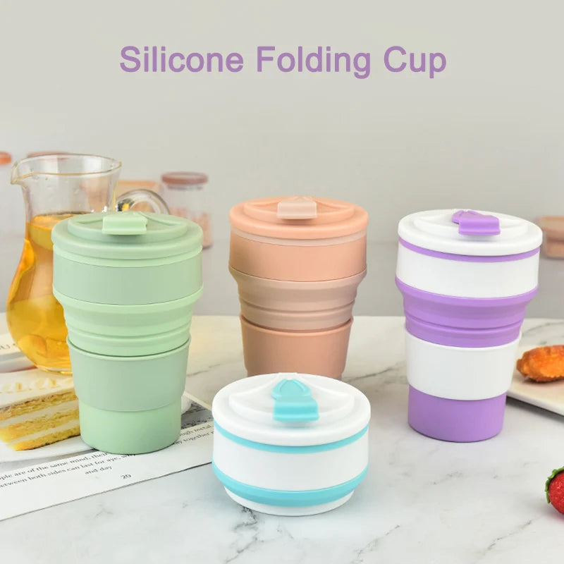 350ML/500ML Silicone Portable Collapsible Travel Cup Drinking Mug with Lid for Hiking, Picnic