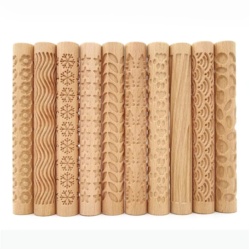 Wooden Texture Rolling Pin Ceramic Pottery Art Embossed Rod Flower Pattern Mud Roll Roll Reliefs DIY Clay Craft Tool