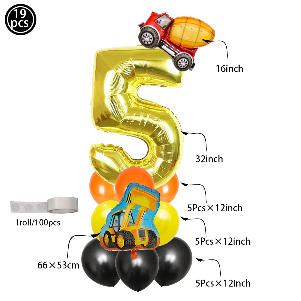 Construction Bulldozer Series Disposable Tableware set Paper Cups Plates excavator Truck Balloon Boy's Birthday Party Decoration