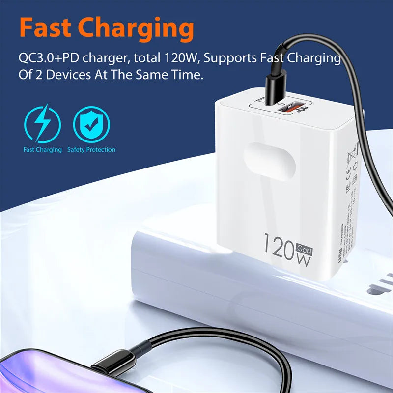 USB C 120W Gan Super Fast PD Charger For Laptop Tablets lPhone 15 lPad Macbook OPPO Samsung Xiaomi