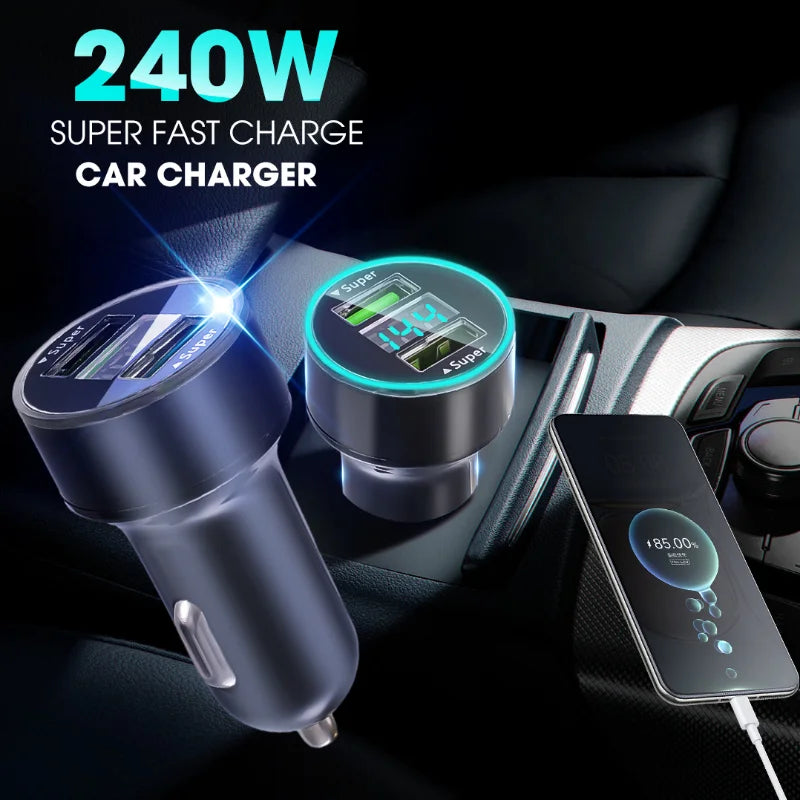 240W Fast Car Charger 2 Ports Type-C DC5V PD Fast Charging Car Charger USB Type C Phone Adapter Chargers In Car for IPhone Mi Samsung Universal