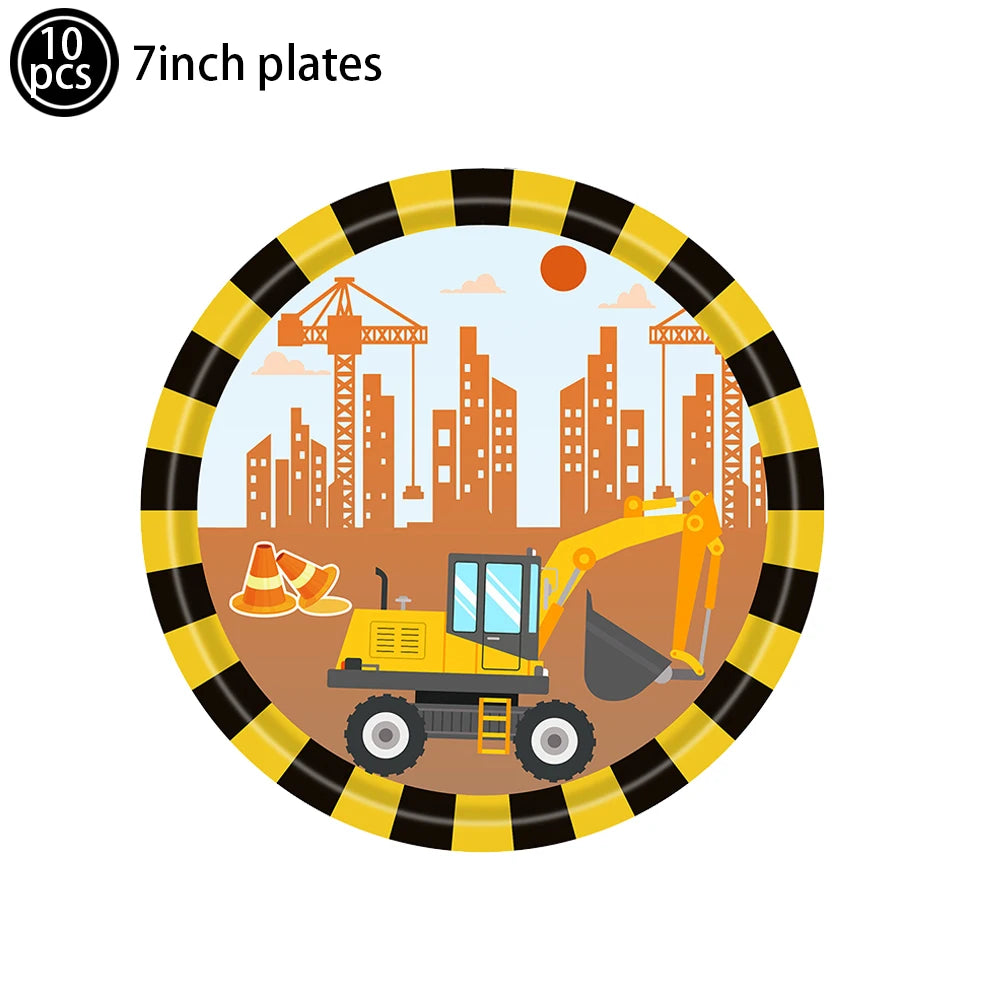 Construction Bulldozer Series Disposable Tableware set Paper Cups Plates excavator Truck Balloon Boy's Birthday Party Decoration