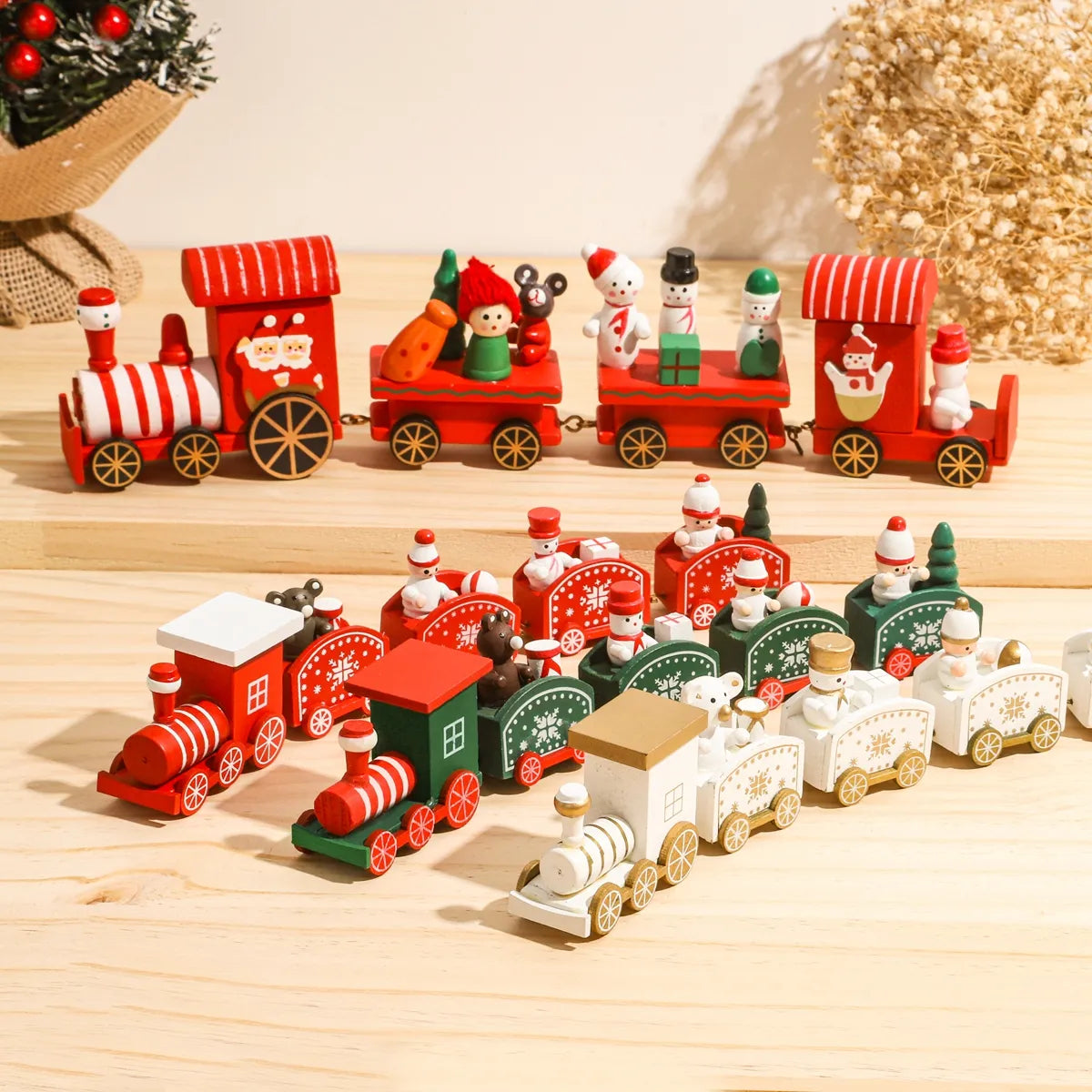 Christmas Train Painted Wooden Tree Decorations Xmas Table Top Ornament for Festival Party Decor