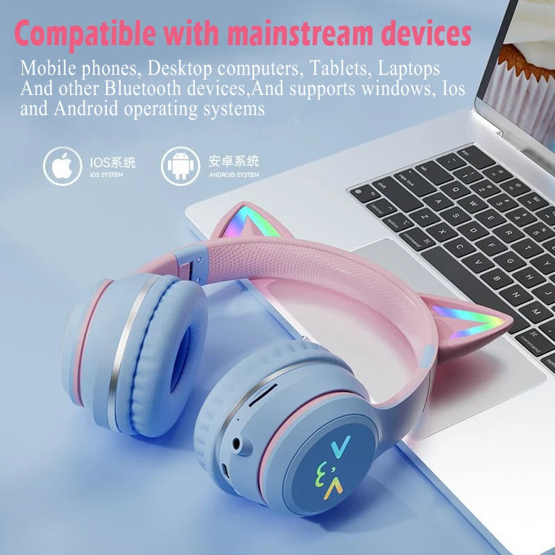 Cat's Ears Headset RGB Light Smile Face TWS Headset Gradient Headphone Little Girl Earphone Gift Suitable for Any Phone