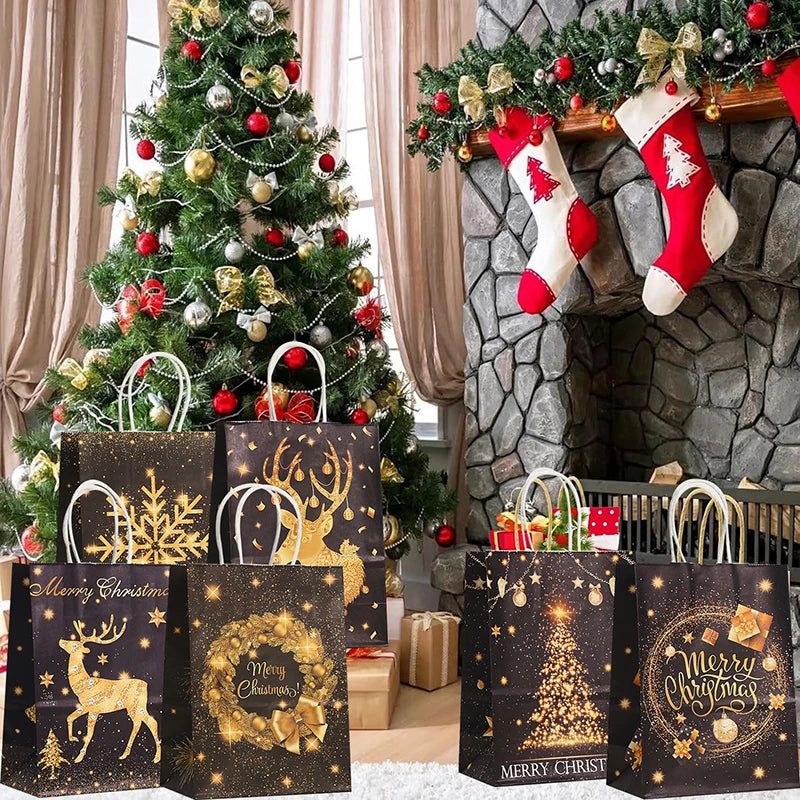 Christmas Kraft Gift Bags with Handles, Christmas Goody Bags for Holidays Party Favors