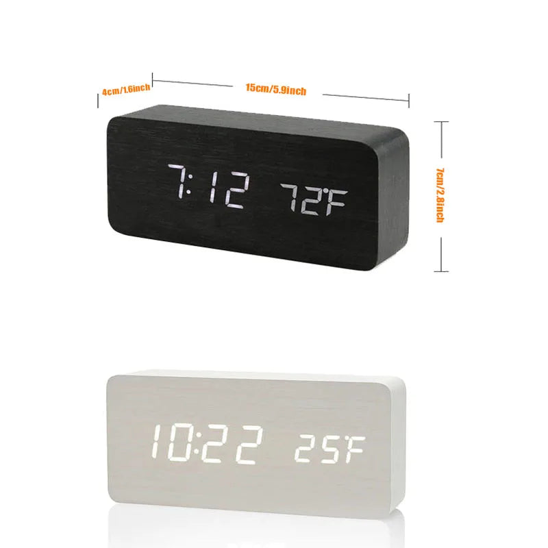 Wooden Digital Alarm Clock Multi-Function LED Clock with USB Power Supply Voice Control, Timer for Bedroom, Desk