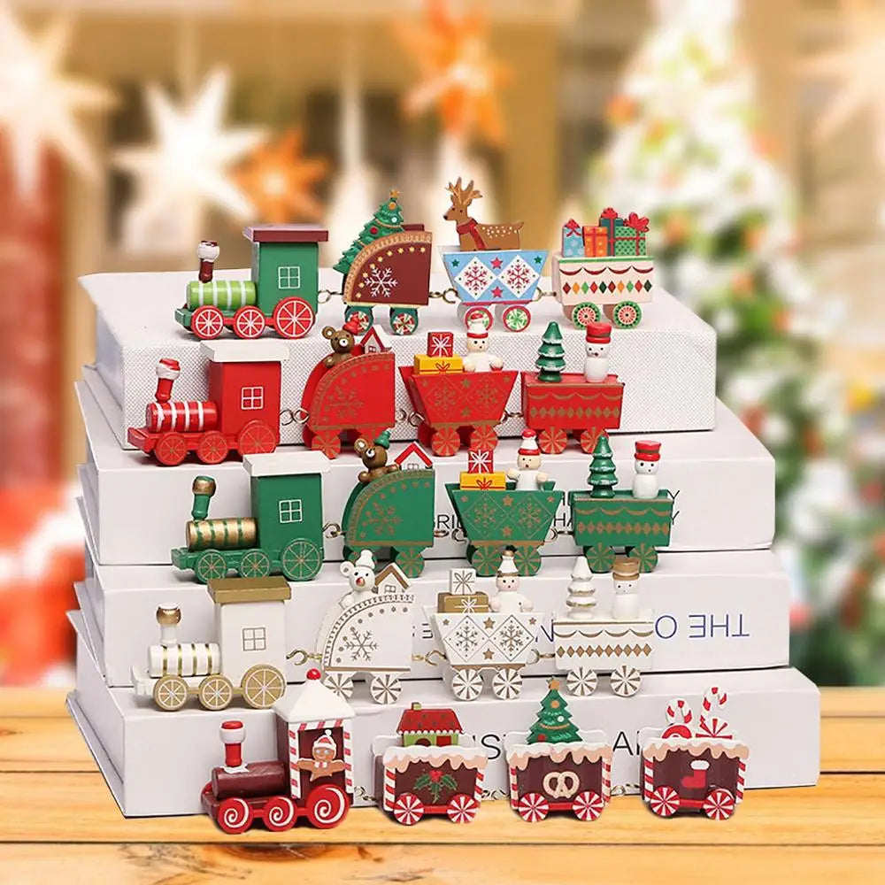 Christmas Train Painted Wooden Tree Decorations Xmas Table Top Ornament for Festival Party Decor