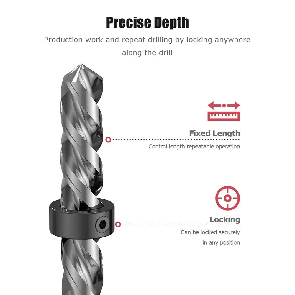 Drill Stop Bit Collar Set Adjustable Drill Depth Stop Collar Limit Ring with Carbon Steel Set for Drill Bits