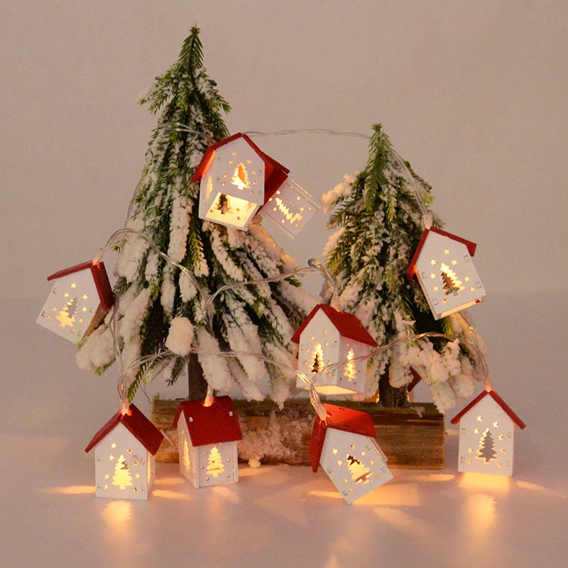 Christmas Wooden House String Lights Battery Operated Xmas Tree Hanging Ornament Lights for Xmas Outdoor Party