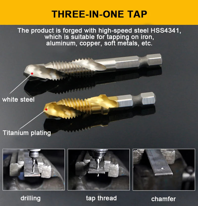 6pcs Drill Bit Hex Shank Titanium Plated HSS Screw Thread Bit Screw Machine Compound Tap M3 M4 M5 M6 M8 M10