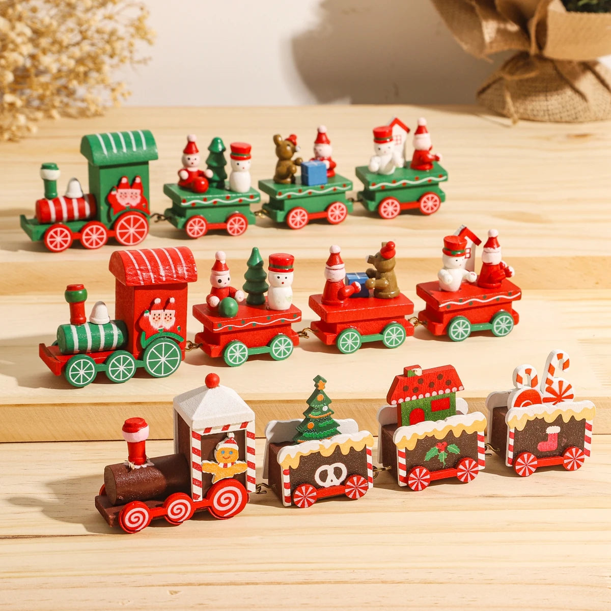 Christmas Train Painted Wooden Tree Decorations Xmas Table Top Ornament for Festival Party Decor