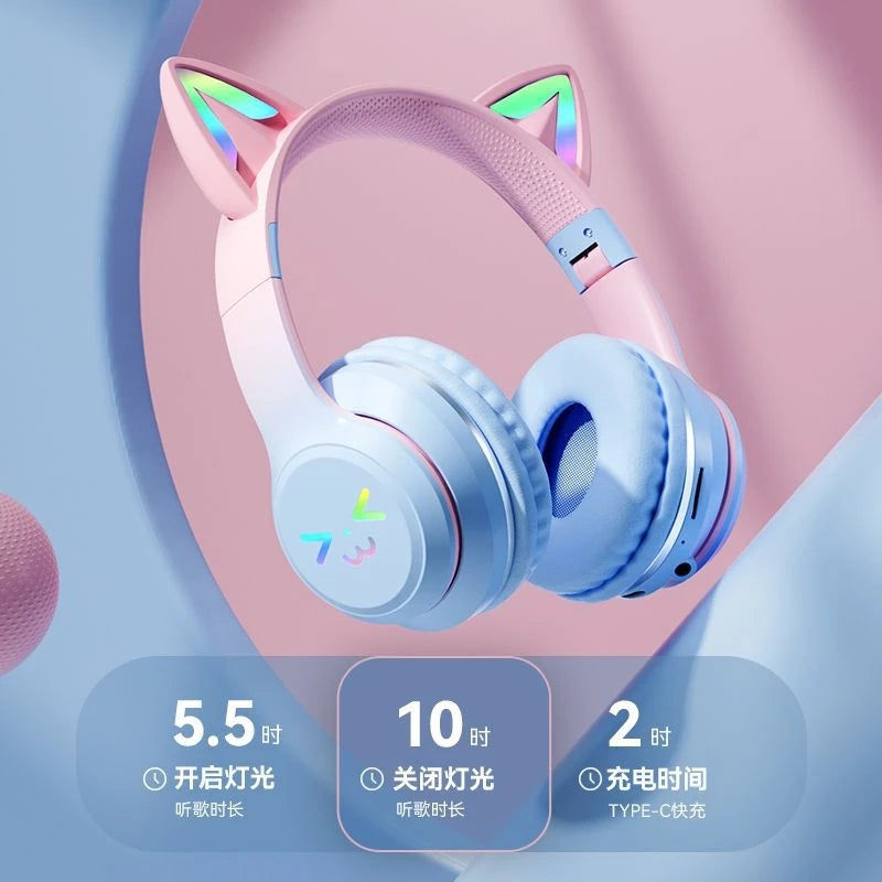 Cat's Ears Headset RGB Light Smile Face TWS Headset Gradient Headphone Little Girl Earphone Gift Suitable for Any Phone