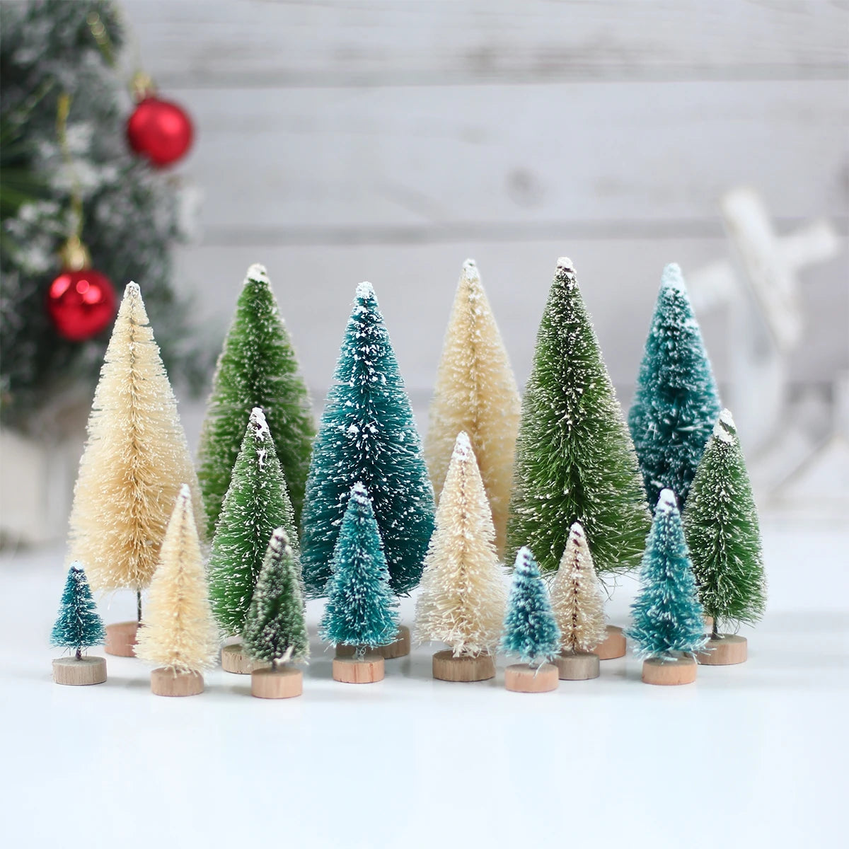 Artificial Christmas Tree Bottle Brush with Wooden Base for Xmas Party Home Table Craft