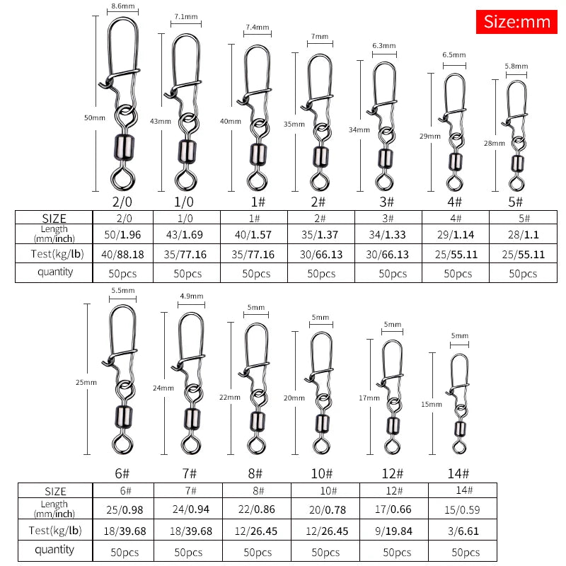 Stainless Rolling Bearing Swivel Fishing Snaps Clip Lock Freshwater Saltwater Fishing Tackle