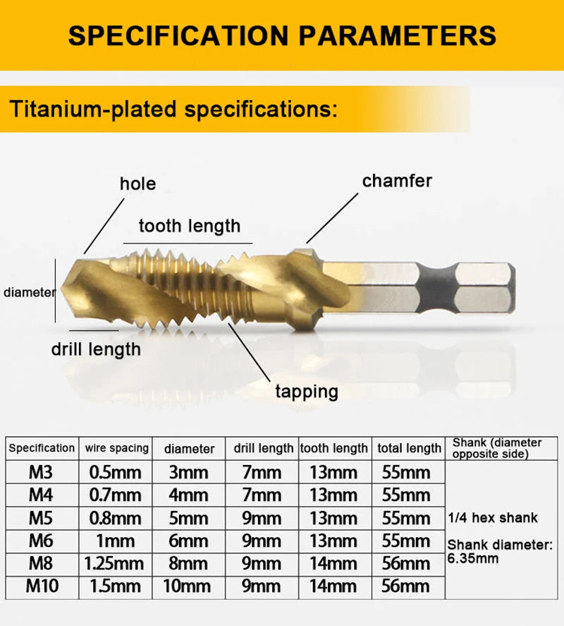 6pcs Drill Bit Hex Shank Titanium Plated HSS Screw Thread Bit Screw Machine Compound Tap M3 M4 M5 M6 M8 M10