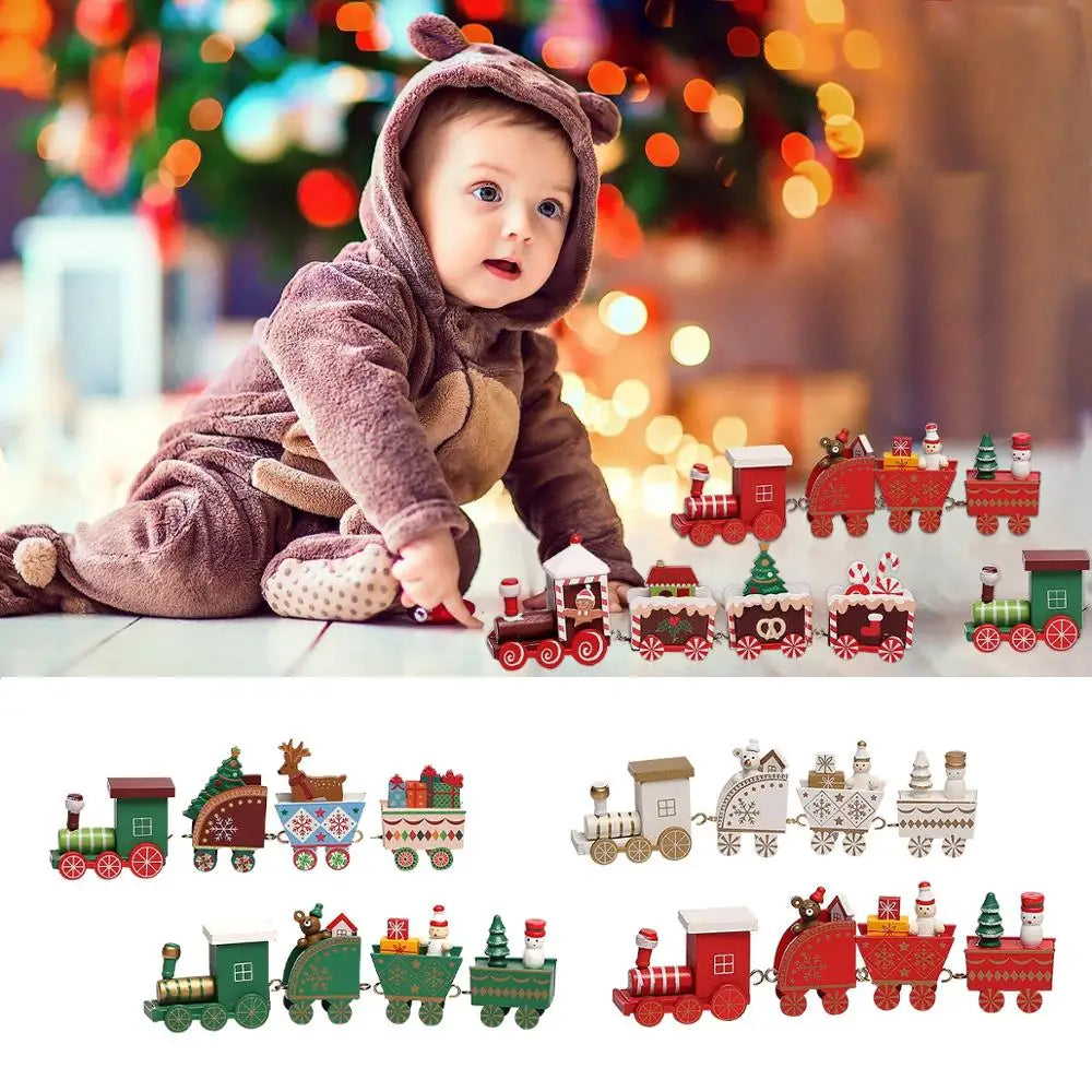 Christmas Train Painted Wooden Tree Decorations Xmas Table Top Ornament for Festival Party Decor