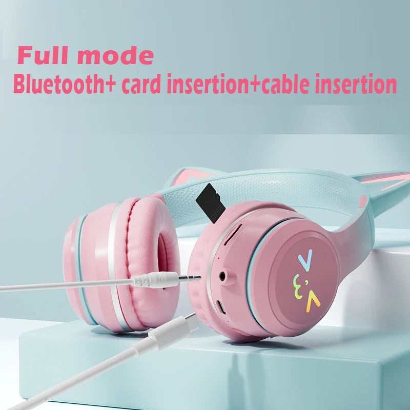 Cat's Ears Headset RGB Light Smile Face TWS Headset Gradient Headphone Little Girl Earphone Gift Suitable for Any Phone