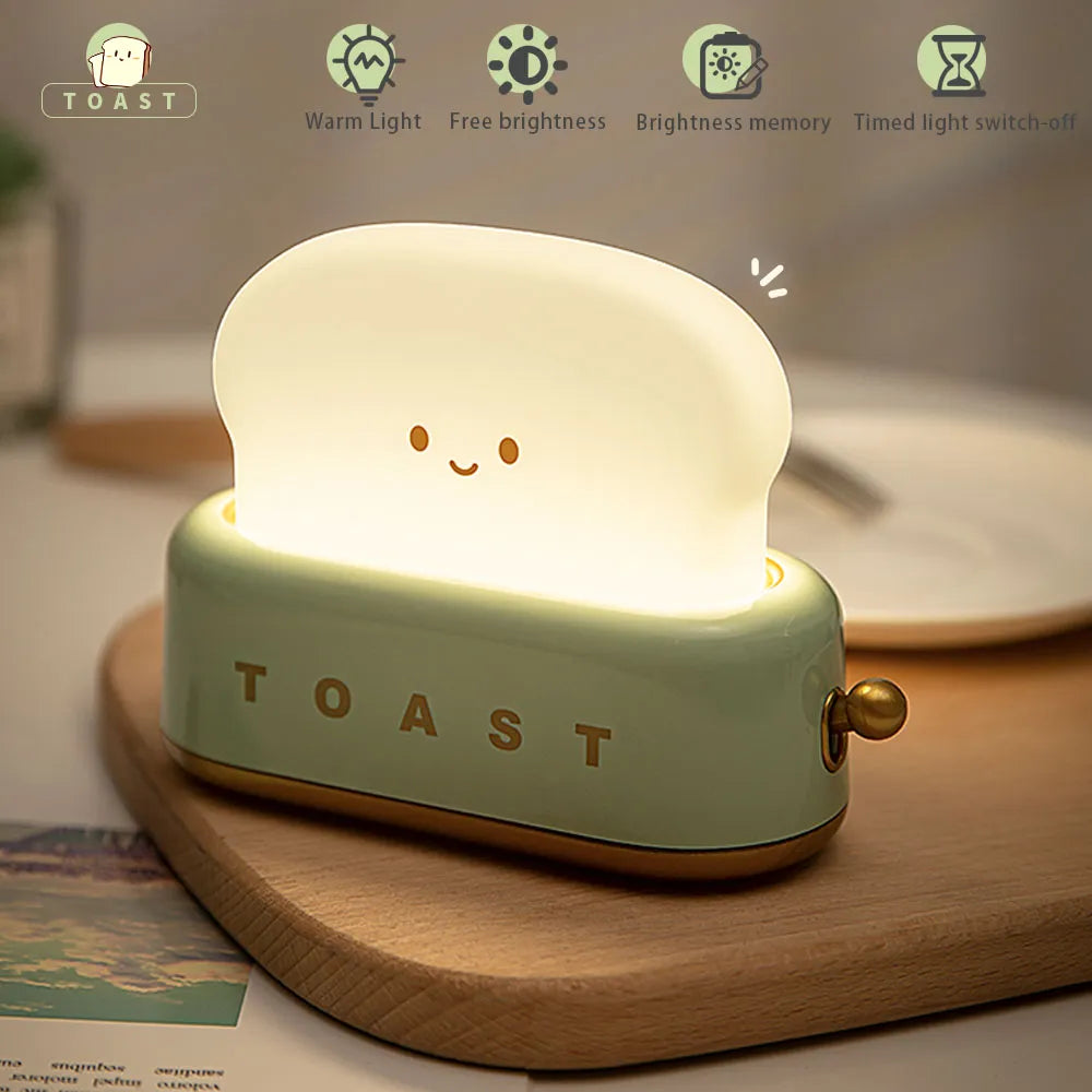 Cute Toast Lamp Night Light with Timer Rechargeable LED Nursery Dimmable Lamp for Kids Women