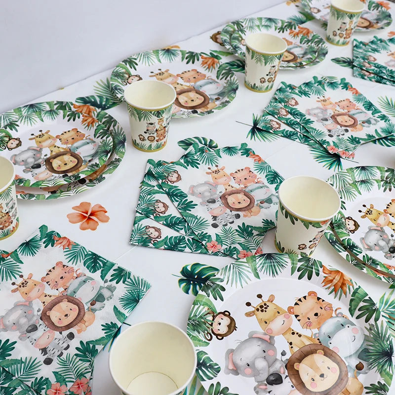 Safari Jungle Baby Shower Plates Set Napkins Tablecover Straws for Theme Birthday Tableware Set