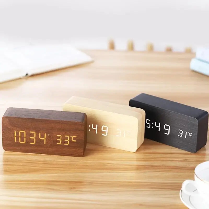 Wooden Digital Alarm Clock Multi-Function LED Clock with USB Power Supply Voice Control, Timer for Bedroom, Desk