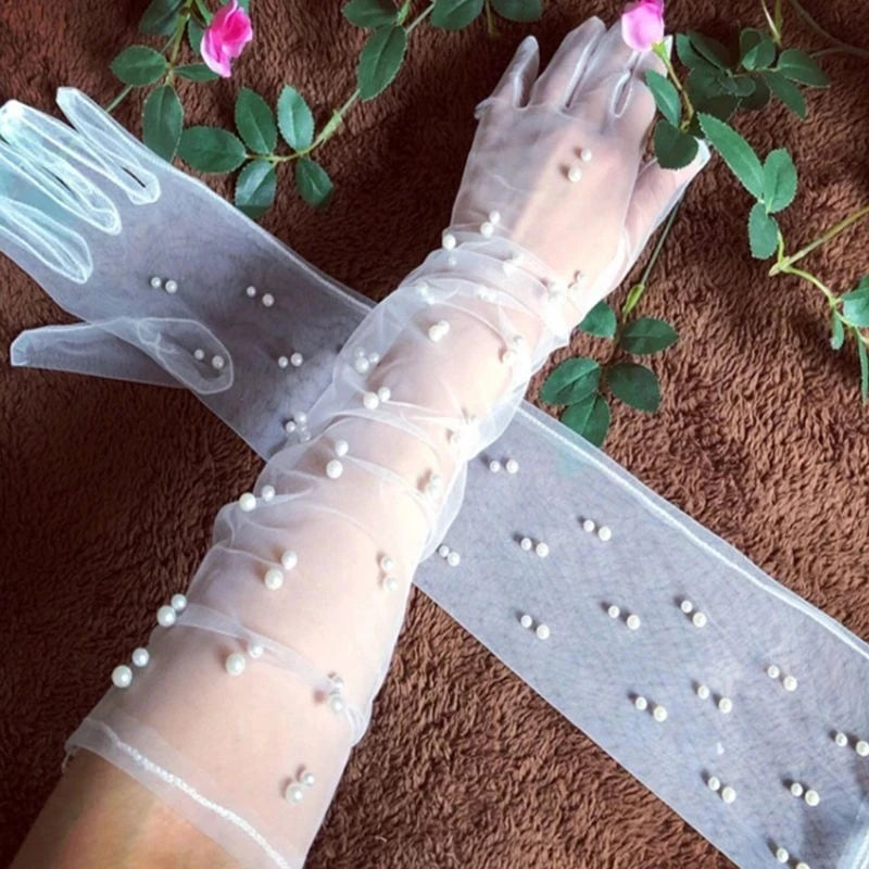 Wedding Long Pearl Gloves Wrist Bridal Bands Cuffs Arm Covers for Bride Women, Girls and Ladies