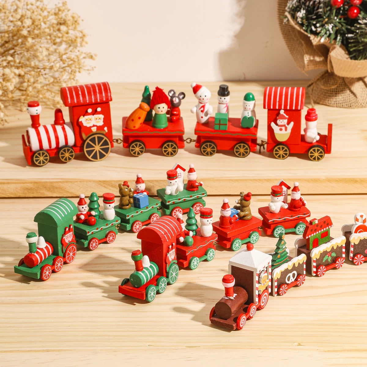 Christmas Train Painted Wooden Tree Decorations Xmas Table Top Ornament for Festival Party Decor