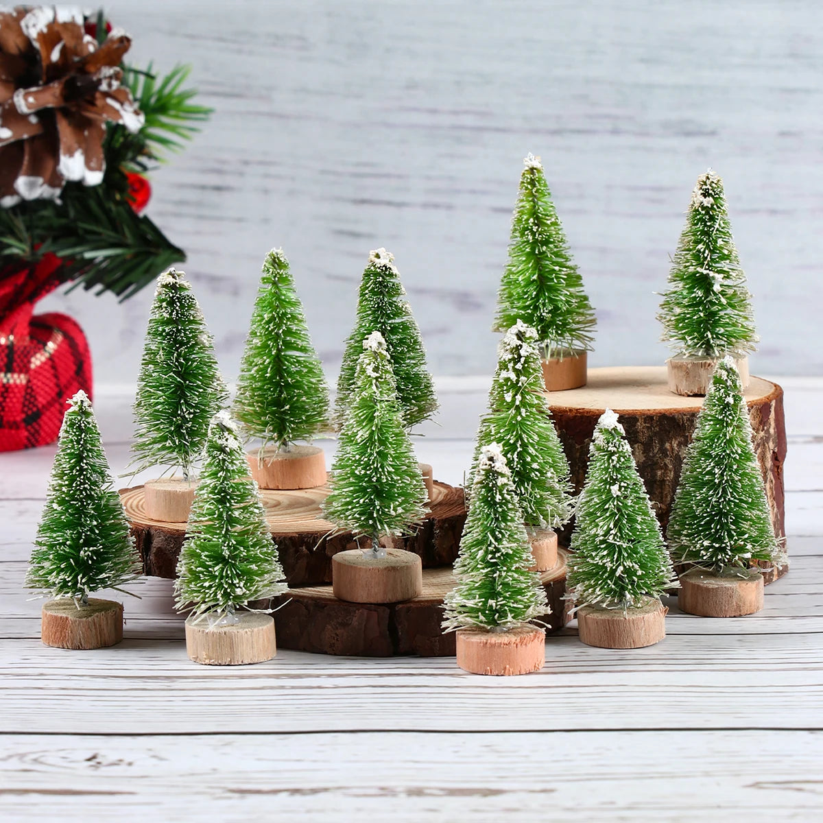 Artificial Christmas Tree Bottle Brush with Wooden Base for Xmas Party Home Table Craft