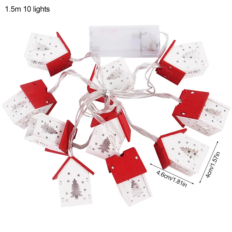 Christmas Wooden House String Lights Battery Operated Xmas Tree Hanging Ornament Lights for Xmas Outdoor Party