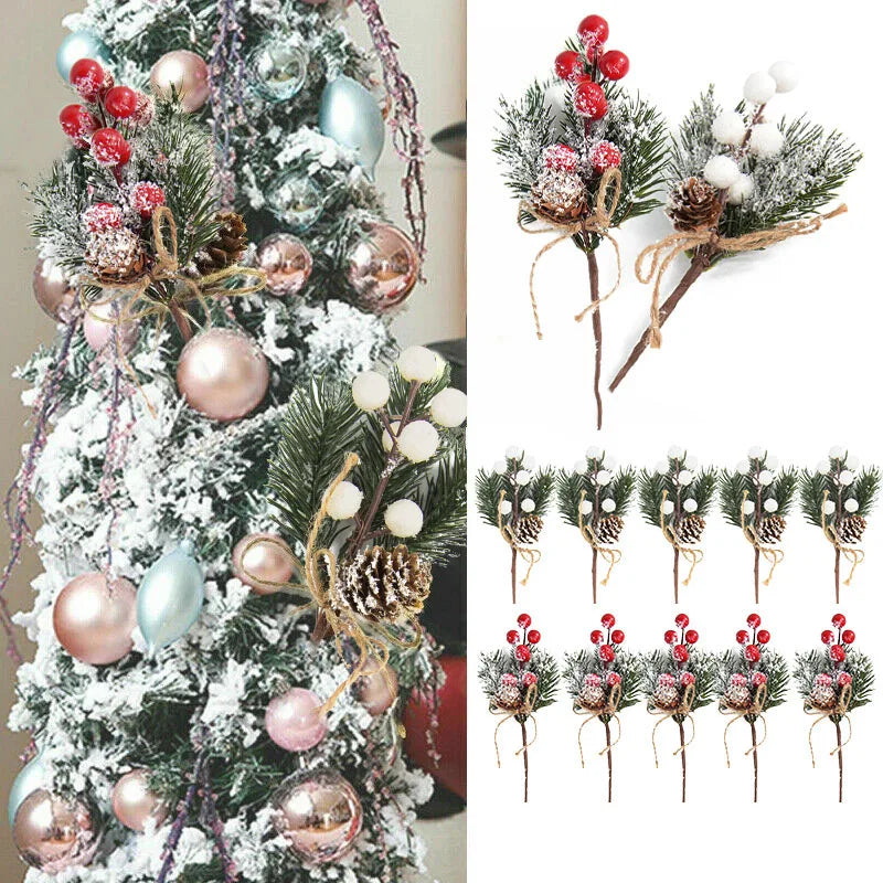 Artificial Christmas Tree Picks Assorted Red Berry Pinecones Leaves for Christmas Winter Holiday