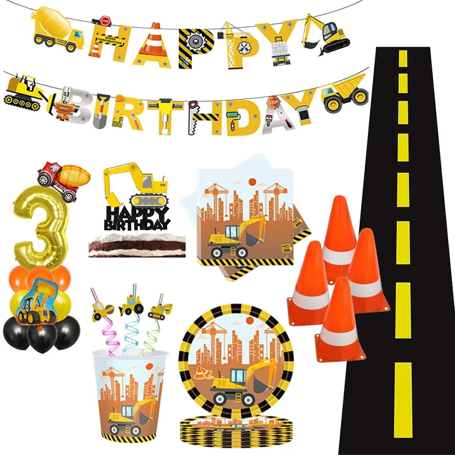 Construction Bulldozer Series Disposable Tableware set Paper Cups Plates excavator Truck Balloon Boy's Birthday Party Decoration