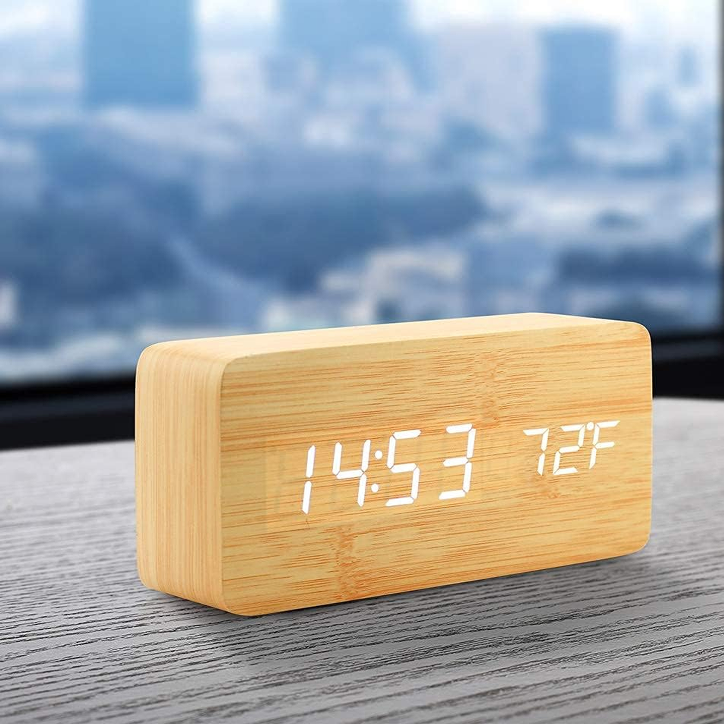 Wooden Digital Alarm Clock Multi-Function LED Clock with USB Power Supply Voice Control, Timer for Bedroom, Desk